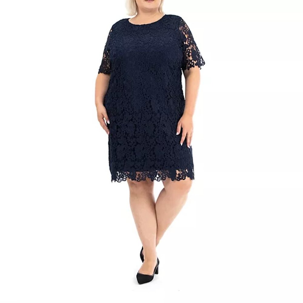 Nina Leonard Navy Lace Short Sleeve Shift Dress Size 2X Women's NWT